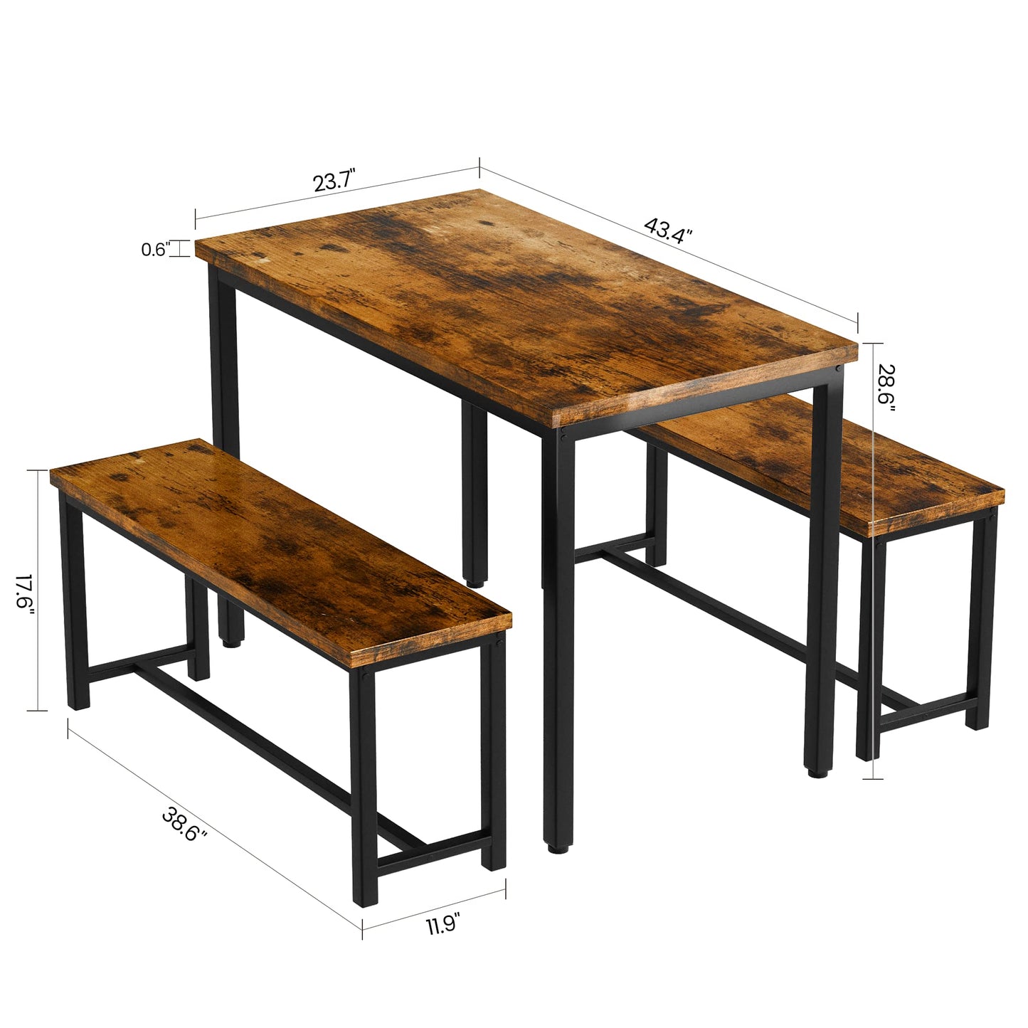 Recaceik Dining Table Set for 4 Kitchen Table Set with 2 Dining Benches, 3 Piece Farmhouse Dining Room Table Set Industrial Breakfast Nook Table Set for Small Space, Apartment, Rustic Brown - WoodArtSupply