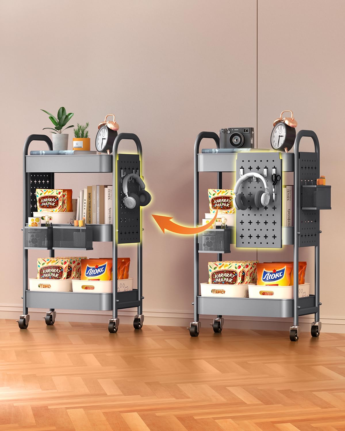 ALVOROG 3 Tier Rolling Cart with DIY Pegboards Metal Utility Cart with Wheels Handles Baskets Hooks, Storage Cart for Office Kitchen Bathroom(Gray) ALVOROG