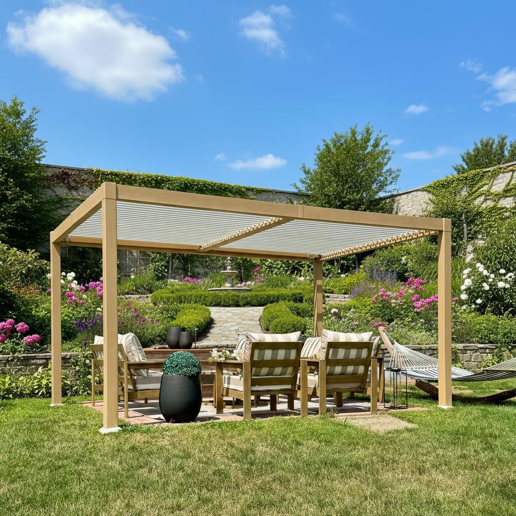 PURPLE LEAF 10' x 14' Louvered Pergola Outdoor Wood Grain Aluminum Pergola with Adjustable Roof Retractable Patio Rainproof Hardtop Gazebo for Deck Backyard Garden PURPLE LEAF