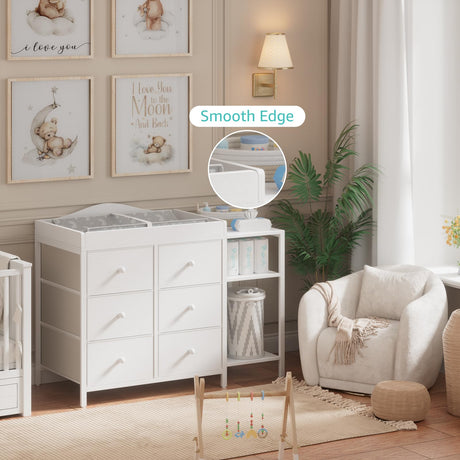 BOLUO Baby Dresser with Changing Table Top, White Changing Table Dresser with 6 Fabric Drawers Diaper Changing Station with Storage Shelf for Nursery Modern BOLUO