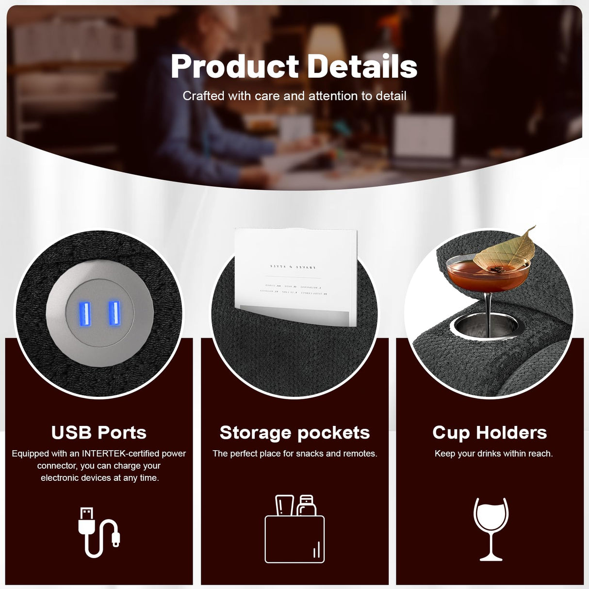 IROSTAE Loveseat Recliner Sofa, 2 Seater Minimalist Style Fabric Manual Pull Tab Reclining Loveseat with USB Charge Ports, Cup Holders, Recliner Love Seat Couches for Living Room, RV, Gray IROSTAE