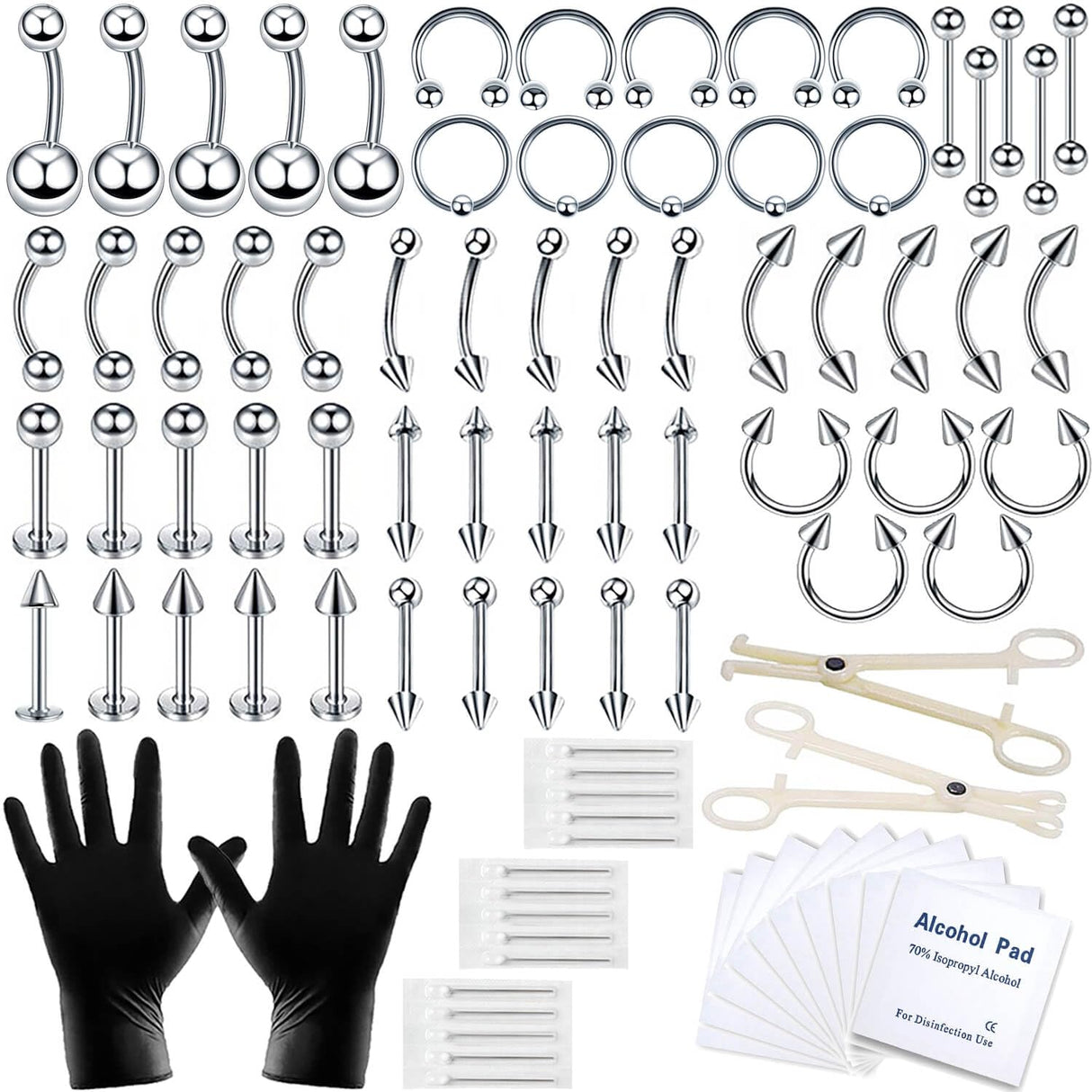 A-minusone 84 PCS Body Septum Piercing Kit 14G 16G Tools for Nose Tongue Lip Ear Eyebrow Belly Button Cartilage Tragus Industrial Barbell Helix Daith Piercing Jewelry Clamps A-minusone