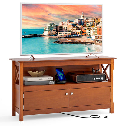 Tangkula Wooden TV Stand for TVs Up to 50 Inch, X Shape Console Storage Cabinet, Entertainment Center with 2 Doors & Shelf, Home Living Room Furniture, Farmhouse TV Storage Console (Coffee) - WoodArtSupply