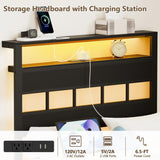 Furnulem Twin Bed Frames with Charging Station and LED Lights, Twin Size Platform Bed with Metal Slats, Wood Headboard with 2-Tier Storage Shelves, No Box Spring Needed, Black Oak Furnulem