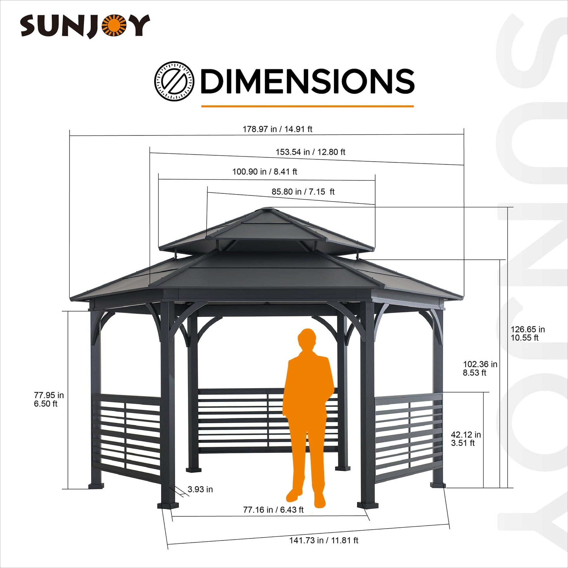 Sunjoy 13 x 15 ft. Hardtop Gazebo, Outdoor Macomb Hexagon Gazebo, Hexagon Double Tiered Metal Gazebo with Decorative Fence, Dual Rails, and Ceiling Hook for Patio, Garden, Backyard Shade - WoodArtSupply