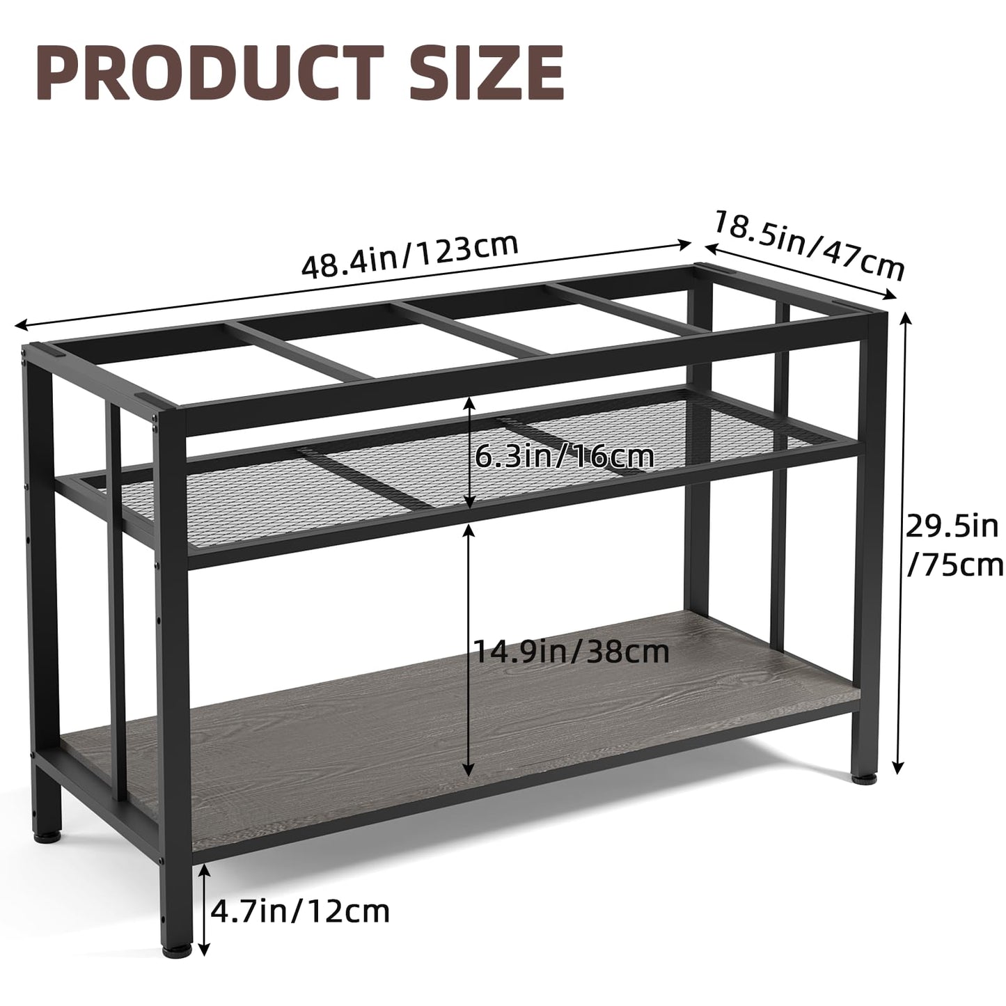 VOWNER 55-75 Gallon Fish Tank Stand - Metal Aquarium Stand, 48.4" L x 18.5" W x 29.5" H, Heavy Duty Reptile Tank Stand, Adjustable 3-Tier Fish Tank Rack Shelf for Home Office, 1000LBS Capacity, Grey