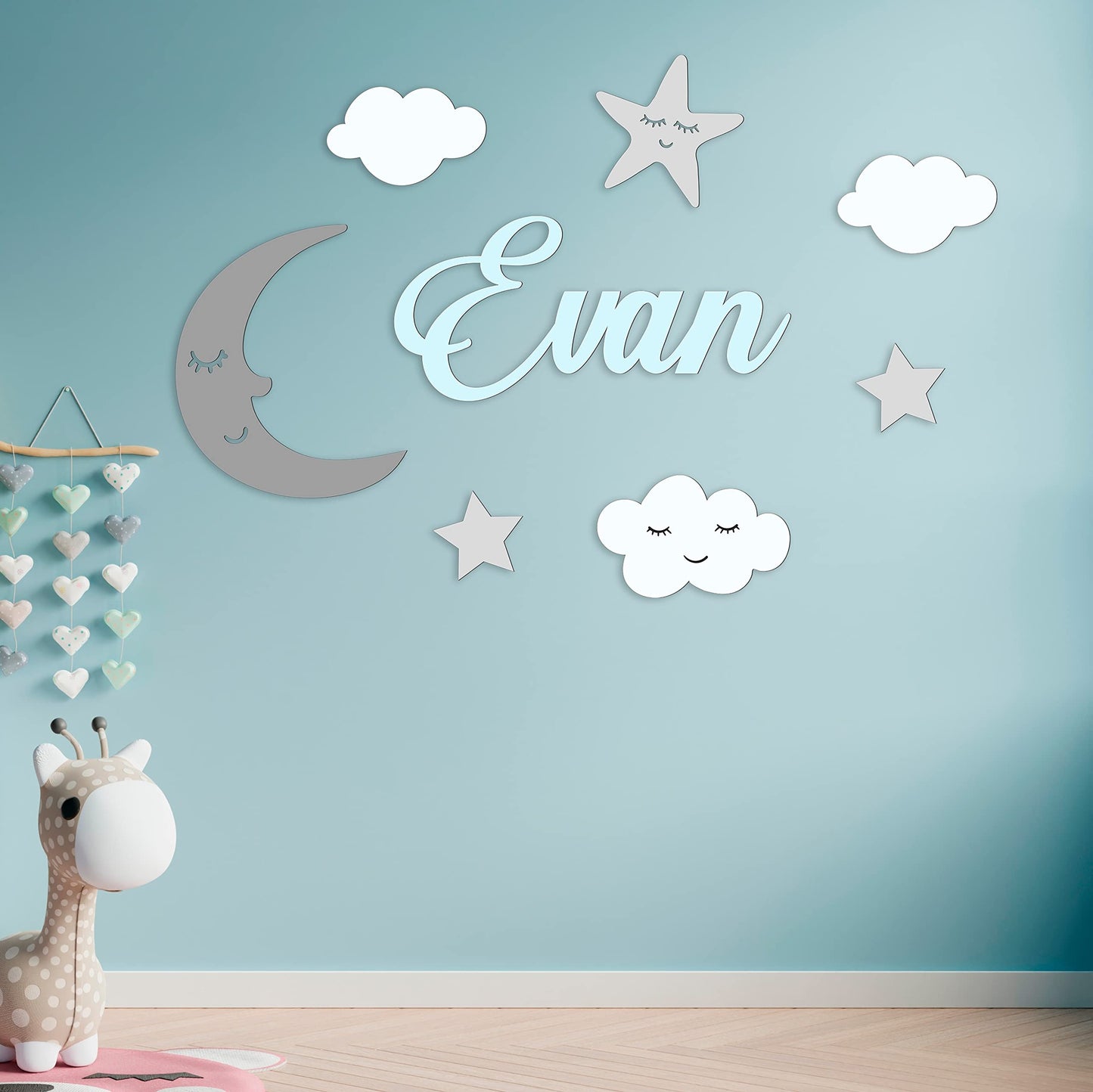 Wooden Name Sign Personalized Wooden Wall Decor Above a Crib Custom Baby Name Sign, Nursery Wall Decal (Moon Theme) - WoodArtSupply