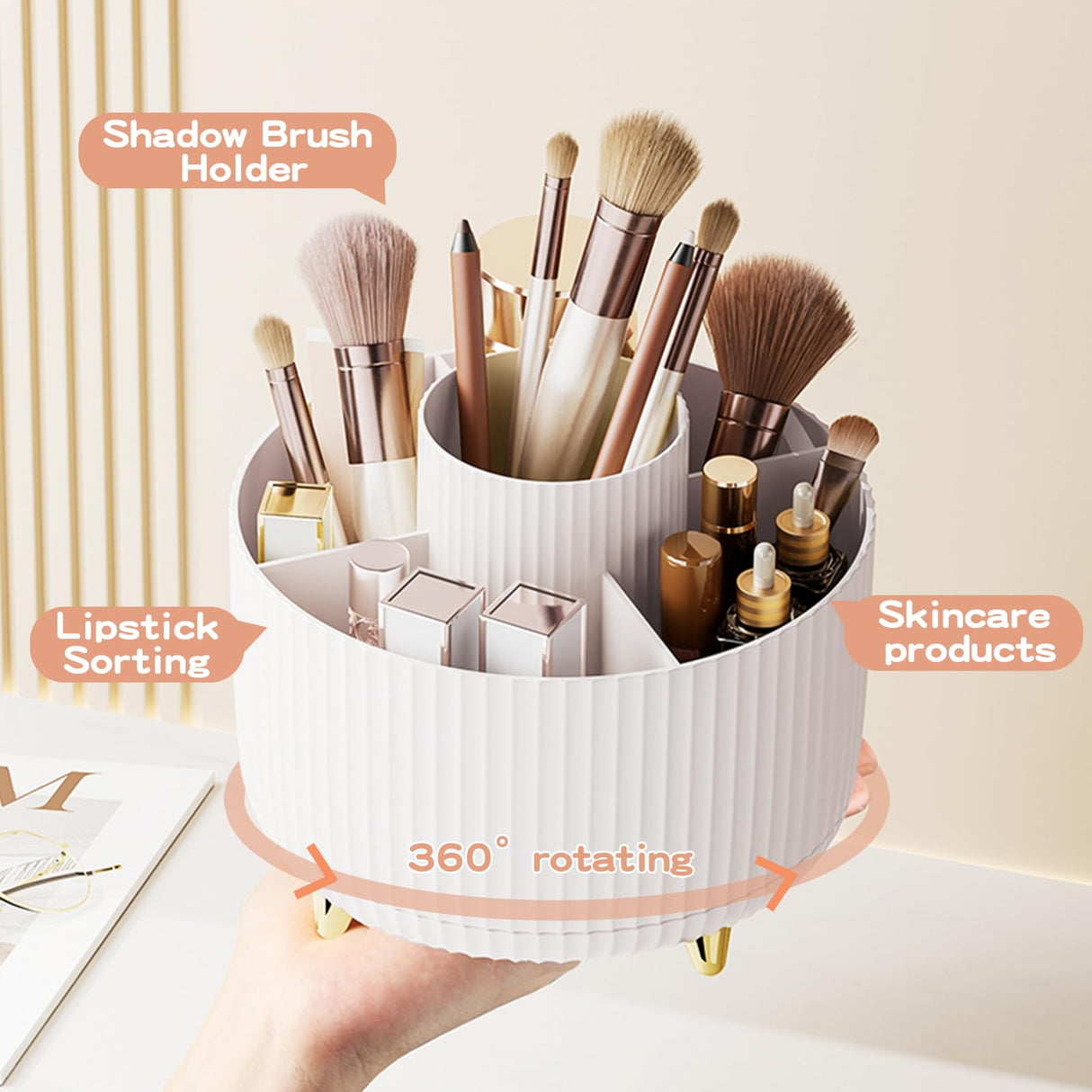 360° Rotate Makeup Brush Holder Organizer, Makeup Organizers Countertop, Makeup organization and Skincare Storage for Vanity, Desktop, Bathroom (White) fanado
