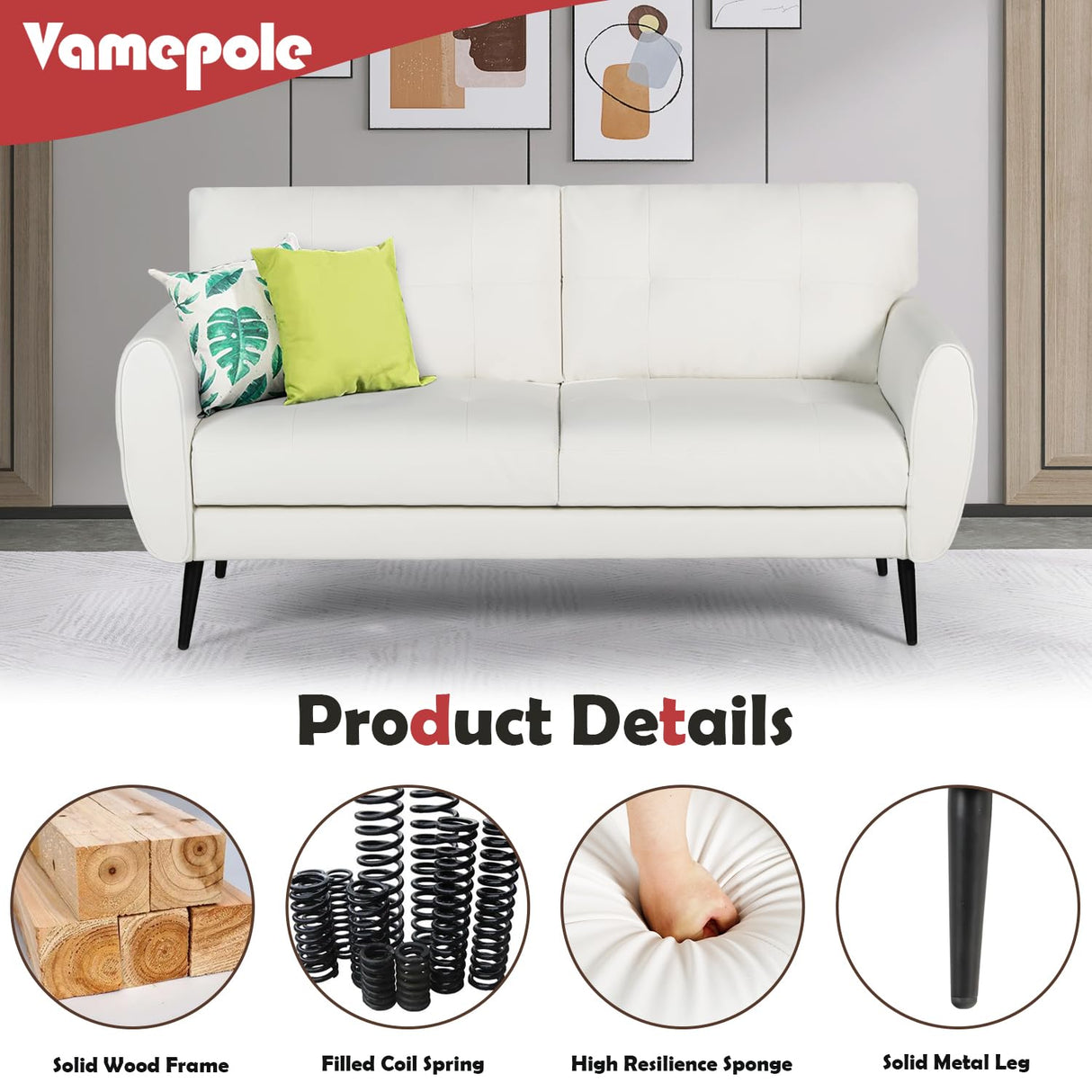 VAMEPOLE Sofa Couch, 60" Loveseat Sofa for Living Room, Mid Century Mini White Couch, Tufted Leather Love Seat Furniture, Comfy Office Sofa 2 Seat, Small Couches for Small Spaces, Bedroom, Apartment VAMEPOLE