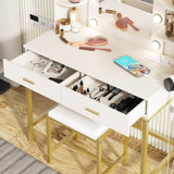 Vanity Desk with Mirror and 10 Led Lights, with Charging Station,Makeup Vanity Table Set with Lighted Mirror, with 3 Lighting Modes and 2 Drawers&Cushioned Stool for Bedroom Vabches