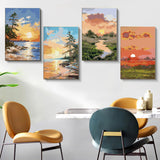 4 Pack Framed Paint by Numbers Kit for Adults Beginners with Wooden Easel, DIY Sunrise and Sunset Landscape Paint by Number Kit with Frame, Easy Painting by Numbers for Home Wall Decor, 8x12 inch Fountor
