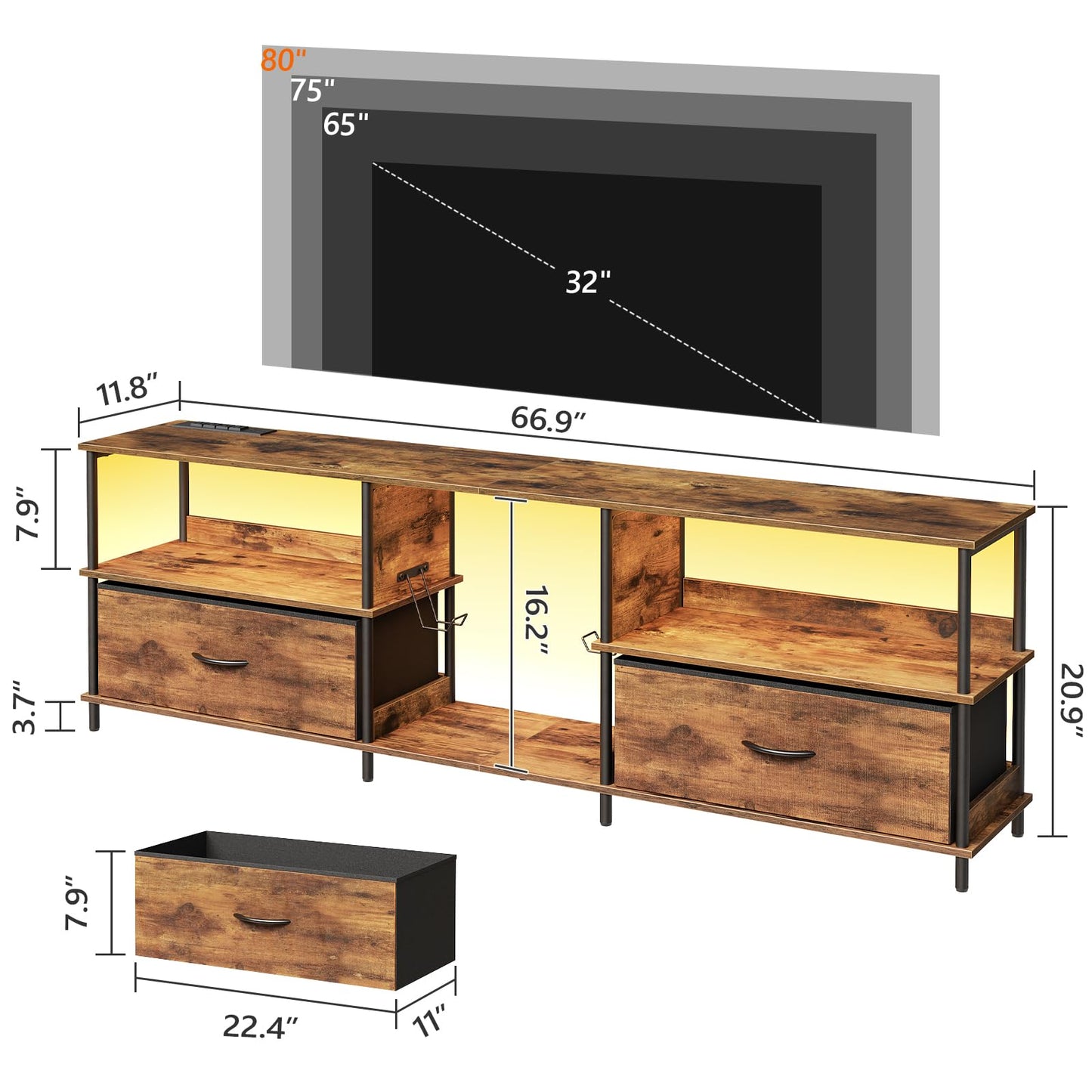 MAHANCRIS LED TV Stand with Charging Station and 2 Fabric Drawers, Entertainment Center for TVs up to 80", TV Console Table with Open Storage Shelf, for Living Room, Rustic Brown TVHR136E01