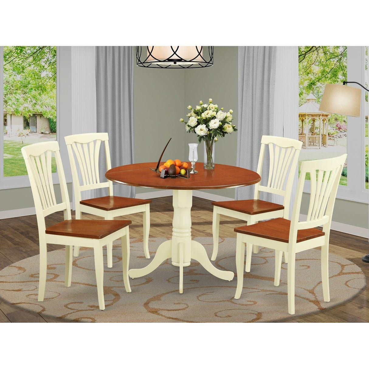 East West Furniture DLAV5-BMK-W 5 Piece Kitchen Table Set for 4 Includes a Round Dining Room Table with Dropleaf and 4 Solid Wood Seat Chairs, 42x42 Inch, Buttermilk & Cherry East West Furniture
