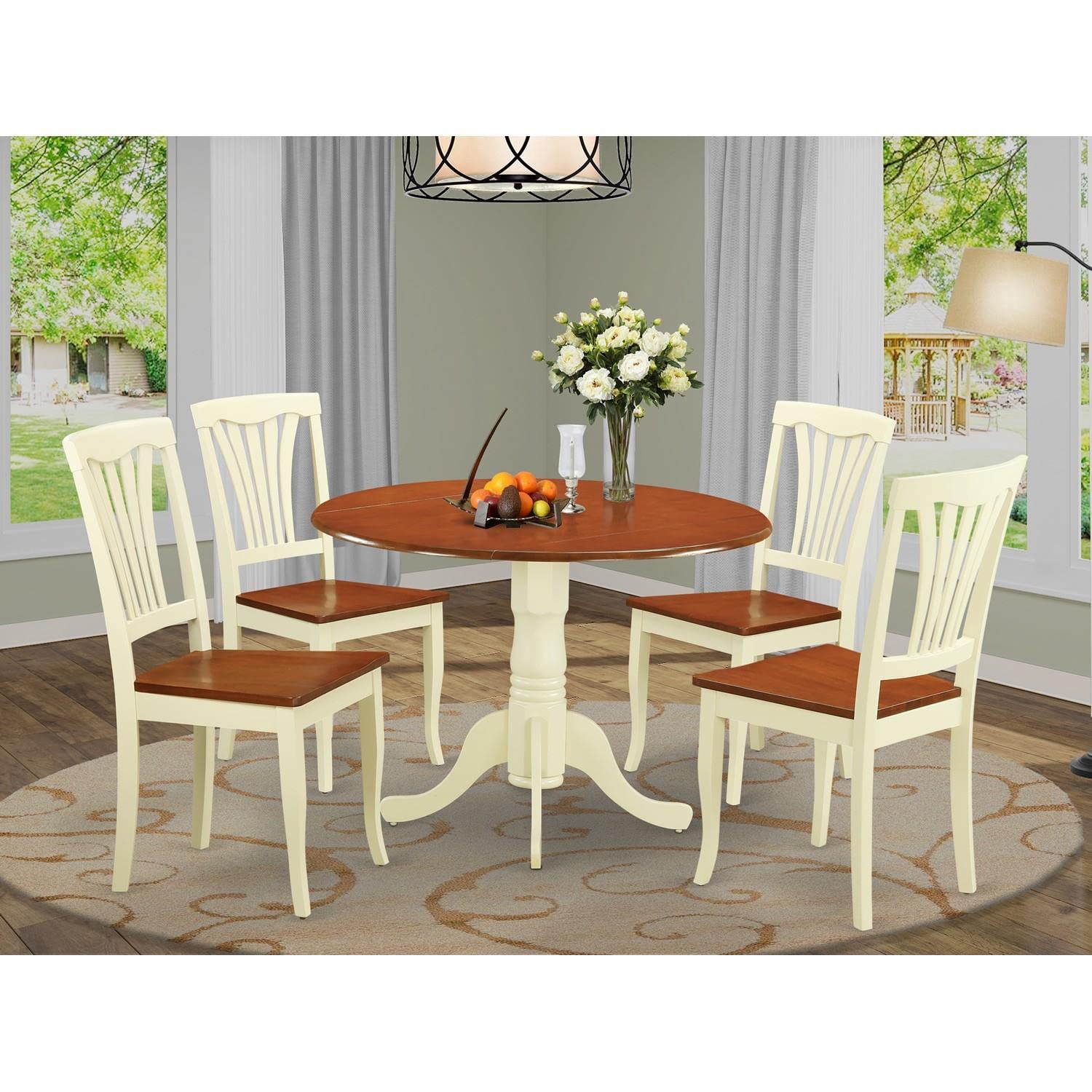 East West Furniture DLAV5-BMK-W 5 Piece Kitchen Table Set for 4 Includes a Round Dining Room Table with Dropleaf and 4 Solid Wood Seat Chairs, 42x42 Inch, Buttermilk & Cherry - WoodArtSupply