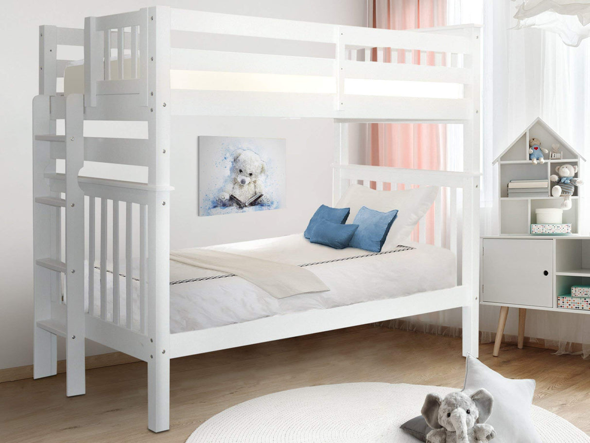 Bedz King Tall Bunk Beds Twin over Twin Mission Style with End Ladder, White Bedz King