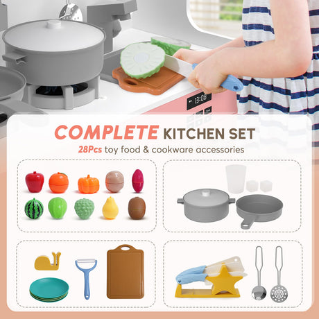 BIERUM Play Kitchen with Realistic Lights & Sounds, Wooden Kitchen Playset with 28 Pcs Toy Food & Cookware Accessories, Toy Kitchen with Plenty of Play Features, Idea Gift for Boys and Girls Ages 3+ BIERUM