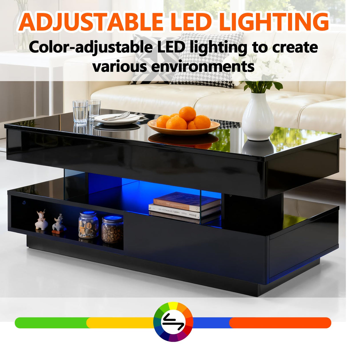 39.37" Lift Top Coffee Table with Hidden Storage & 2 Drawers, Modern High Gloss Center Table for Living Room, Heavy Duty Wood Coffee Table with LED Lights, Apartment Small Space Furniture (Black) Anwick