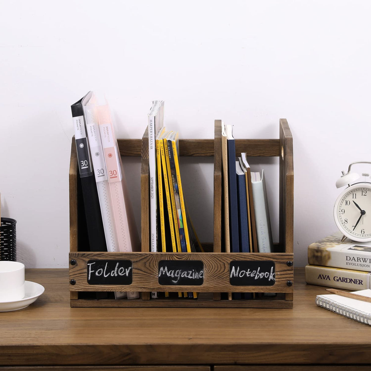 MyGift Rustic Burnt Brown Wood Office Desktop Document File Folder Binder Storage Organizer Rack with 3 Compartments and Chalkboard Labels MyGift