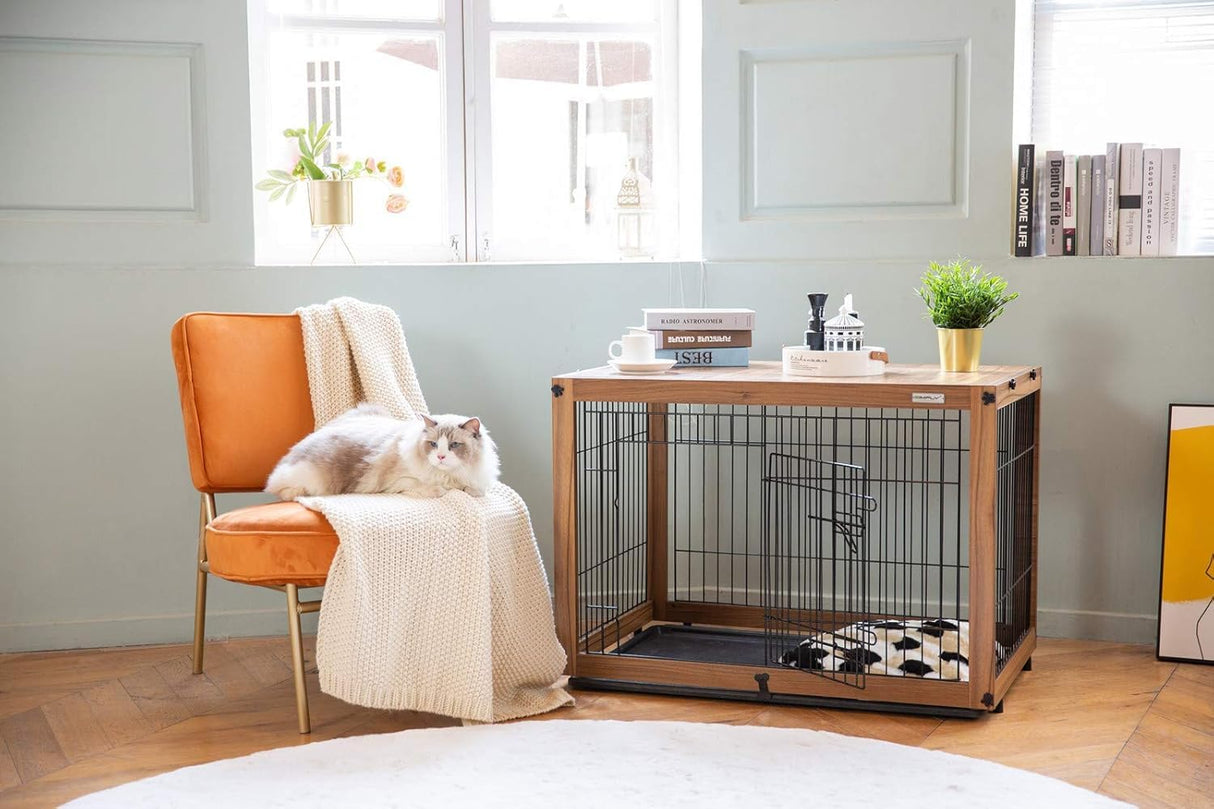 Dog Crate Furniture with Removable Top Cover, Wooden Crate with Tray, Dog Kennel Indoor for Small/Medium/Large Dogs(Light Brown, 37.4" L*25.9" W*25.8" H) Furnipeture