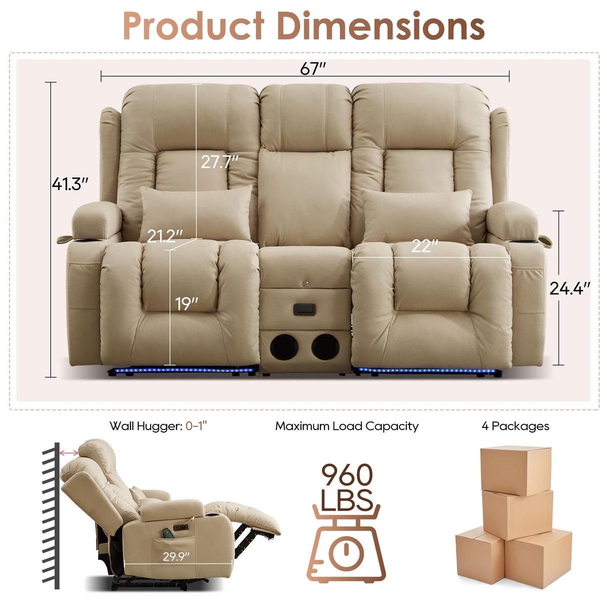 TUNYI Wall Hugger Power Loveseat Recliner - Reclining Loveseat with Console Theater Seating RV Recliner Sofa with USB/Outlet/Speaker/Cup Holder/LED Light/Storage (Beige) TUNYI