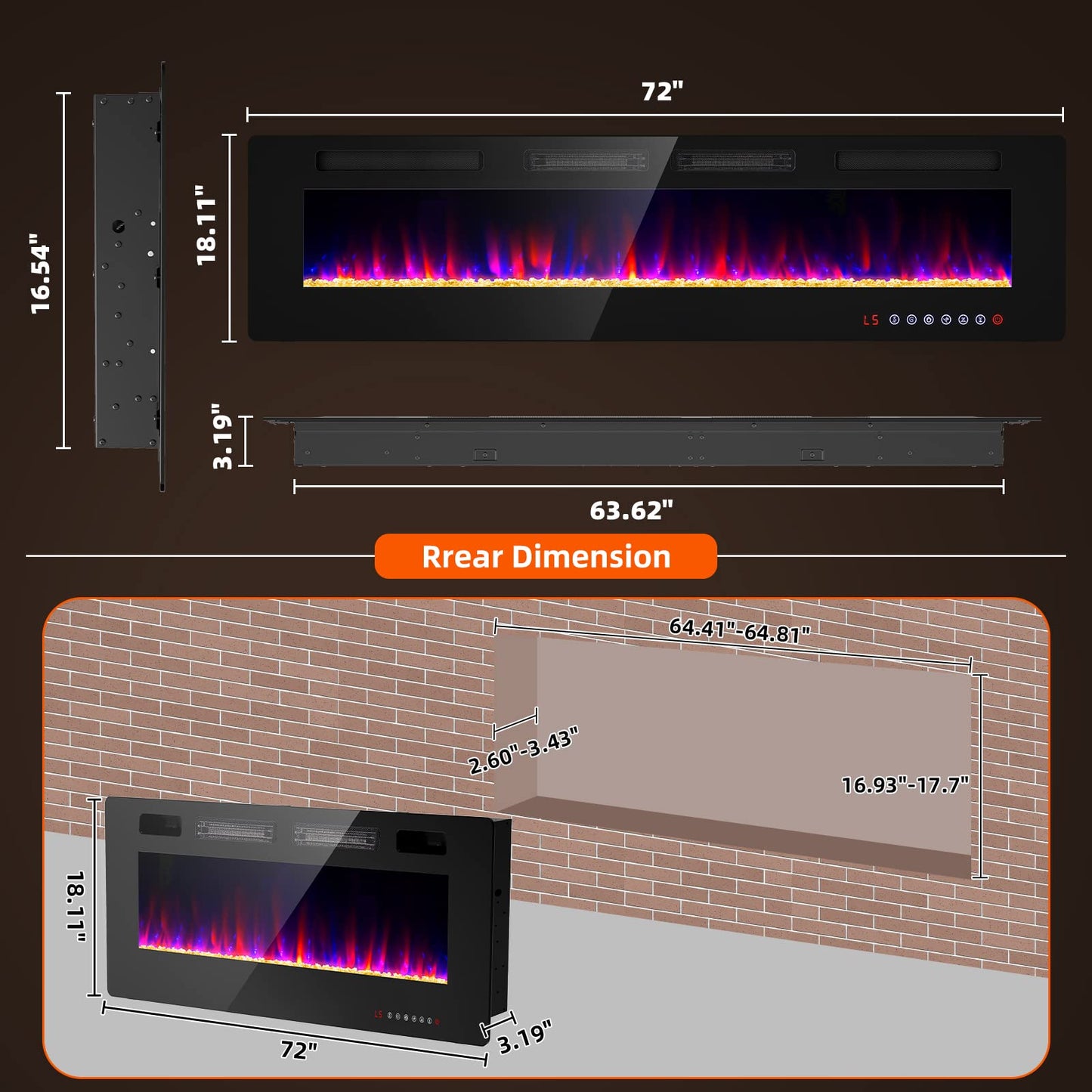 Zionheat 72 inches Electric Fireplace-Wall Fireplace for Living Room-Fireplace Freestanding/Inserts/Wall Mounted with Remote Control, Timer, Dimmer, 12 Flame Colors, 750/1500W, Ultra Thin