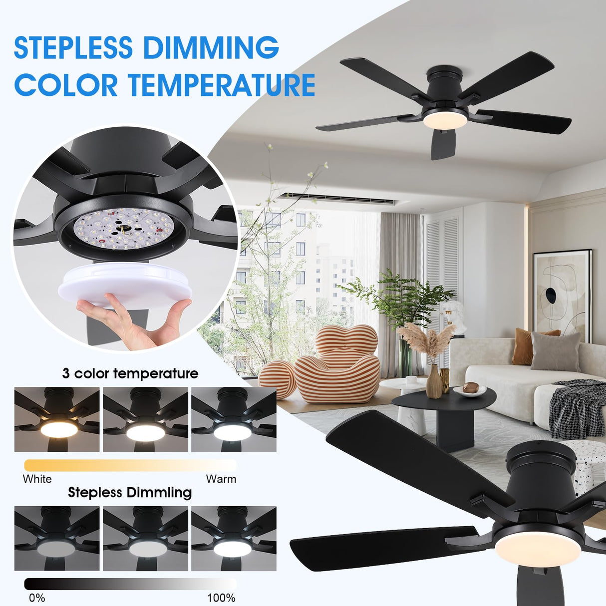 Surtime 52" Ceiling Fans with Lights-Low Profile Ceiling Fan with Light and Remote/APP Control,Flush Mount,DC Reversible,LED Dimmable Blakc Ceiling Fans for Bedroom,Indoor/Outdoor Patio Use Surtime