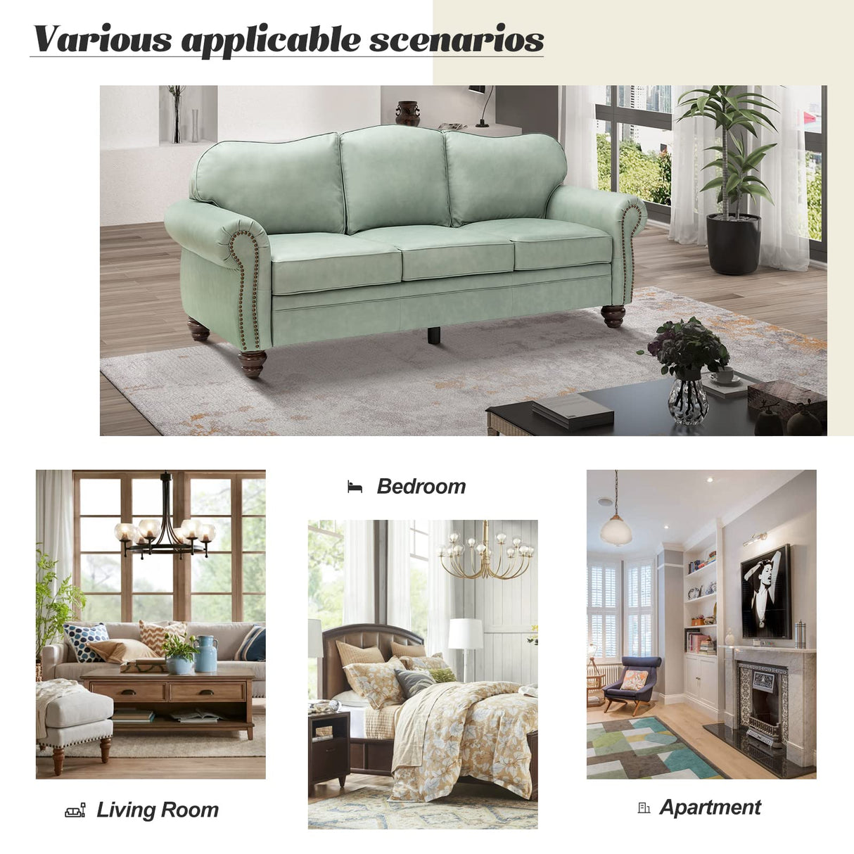 HULALA Home 81'' Upholstered Leather Sofa with Nailhead Trim and Rolled Armrests, Mid-Century Modern Living Room 3-Seater Couch, Sage Couch with Removable Cushion for Bedroom Apartment HULALA HOME
