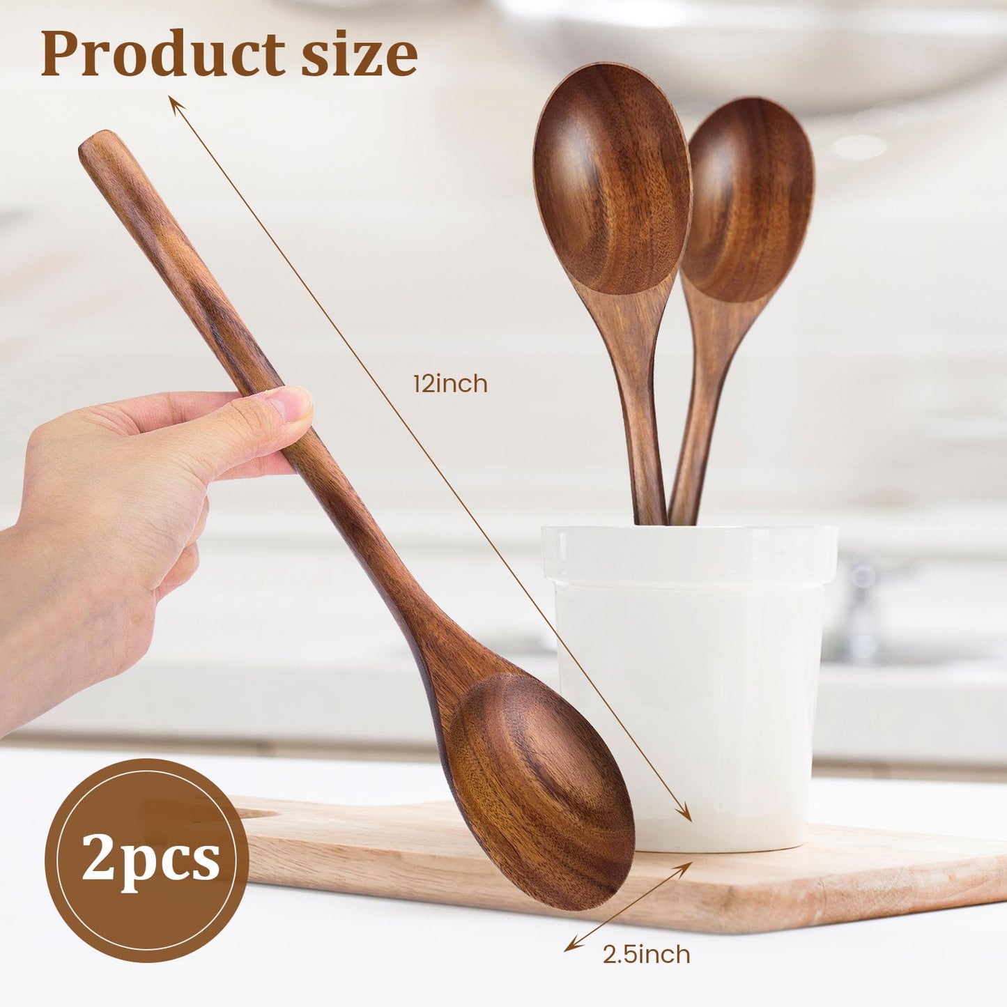 HANSGO 2PCS Wooden Cooking Spoons, Large Wooden Cooking Spoons Wooden Kitchen Utensil for Cooking Serving Mixing