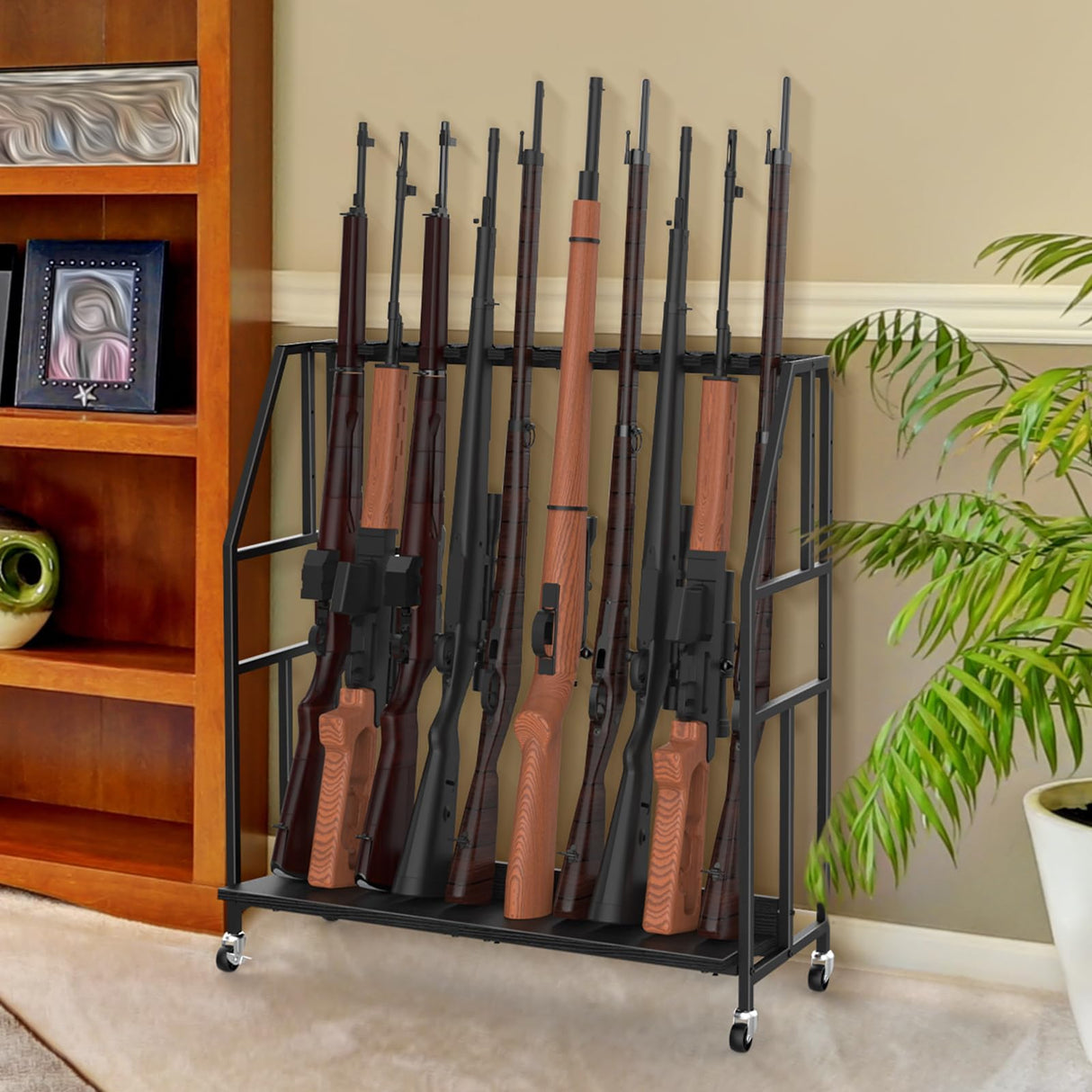 Gun Racks, Floor Standing Shotgun Rack Indoor Outdoor, Heavy Duty Metal Frame Wooden Rifle Racks with Wheels, Vertical Display Stand for Home Garage Gun Storage - Holds up to 10 Long Guns Nandae
