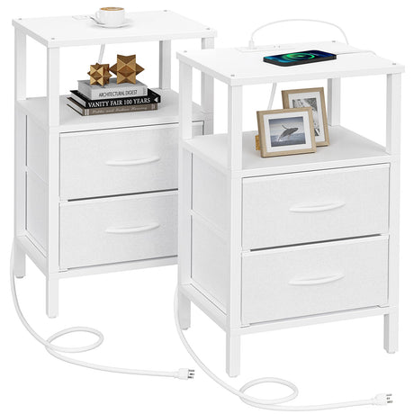 TUTOTAK End Table with Charging Station, Side Table with 2 USB Ports and Outlets, Nightstand with Cloth Drawer, Set of 2, Couch Table, White TB01BW067 TUTOTAK