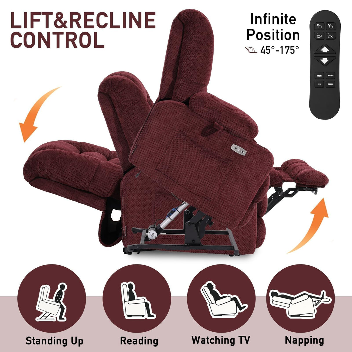 EONIX Dual Motor Lay Flat Power Lift Recliner Chair for Elderly, Electric Recliner Lift Chairs for Adults with Cup Holders, 400lbs Heavy Duty Power Recliner Sofa with Heat and Massage, Burgundy EONIX
