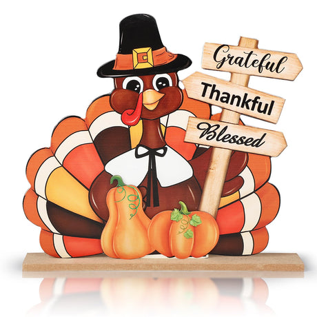 Thanksgiving Decorations Wooden Turkey Table Sign Pumpkin Autumn Table Centerpieces Standing Tabletop Happy Thanksgiving for Holiday Fall Harvest Home Room Table Shelf Farmhouse Decorations Grateful Sophena