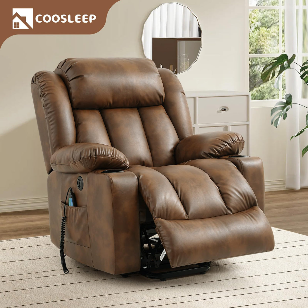 COOSLEEP Power Lift Recliner Chair for Elderly with Massage and Heat, Breathable Leather Recliner Chair for Adults, 2 Cup Holders, USB Ports, Electric Support of Metal,Remote(Light Brown) COOSLEEP HOME