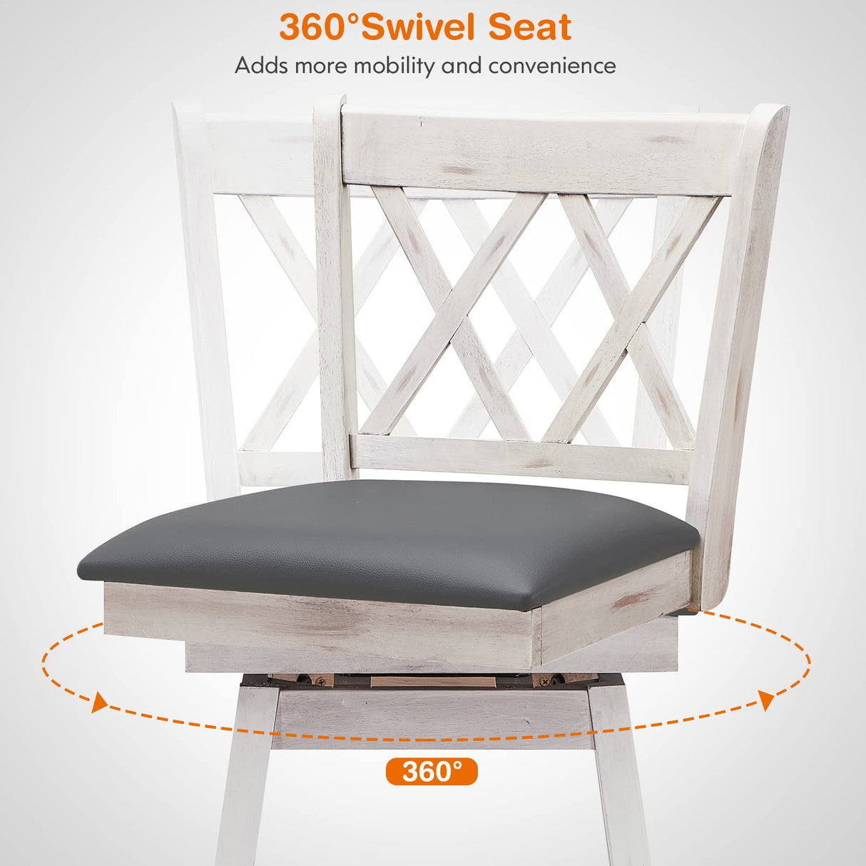 COSTWAY Bar Stool Set of 2, 360° Swivel Bar Height 29.5 inch Bar Stool with Foot Rest Upholstered Cushion & Ergonomic Backrest, Sturdy Frame, for Pub, Restaurant, Home (2, Antique White+ Grey) COSTWAY