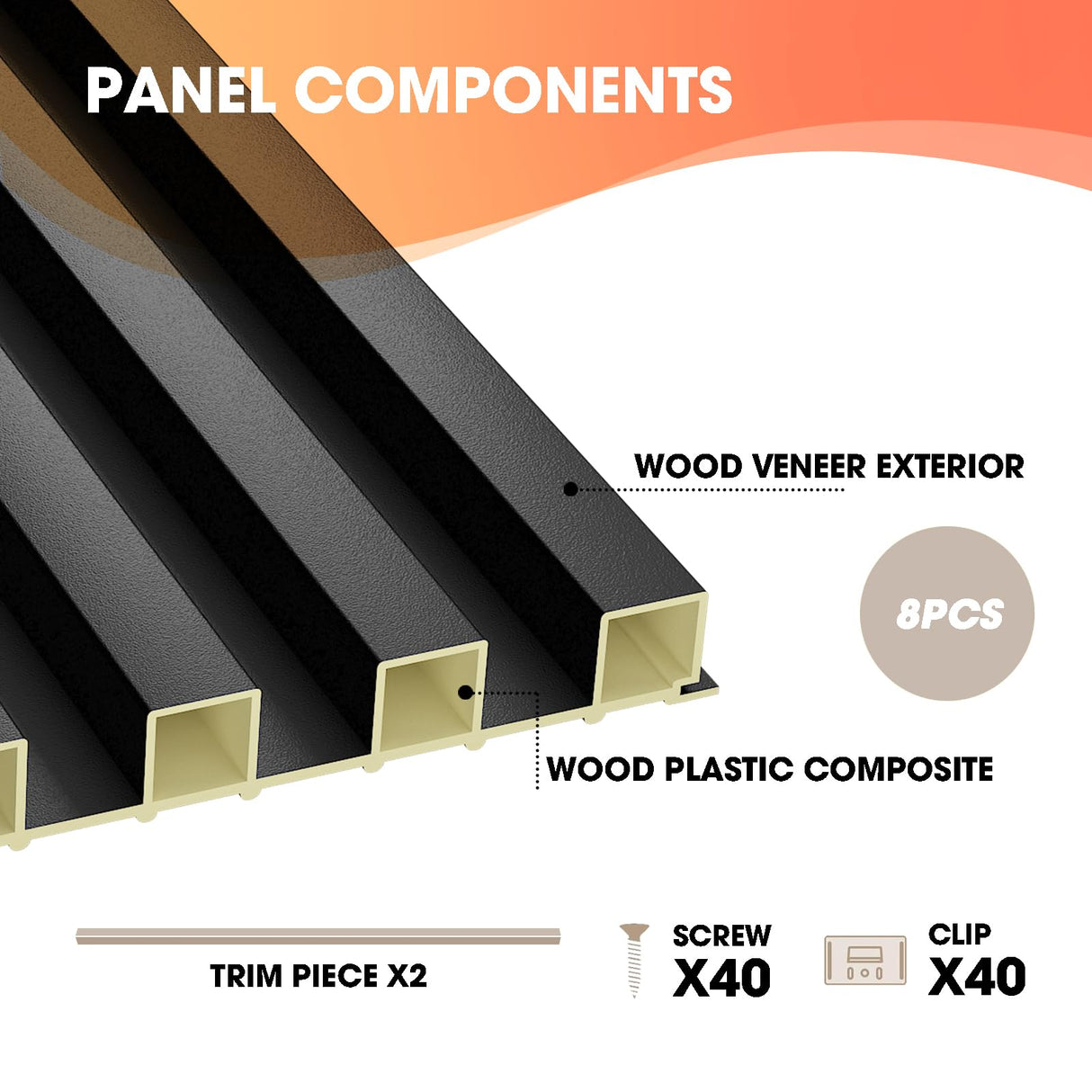 OUZUGIE WPC Acoustic Slat Wall Paneling, 8-Pack 96 x 6 Inches 3D Wall Panels for Interior Wall Decor,Living Room,TV Background,Study Room,Office Spaces,Bedroom,High Grille (Black) OUZUGIE