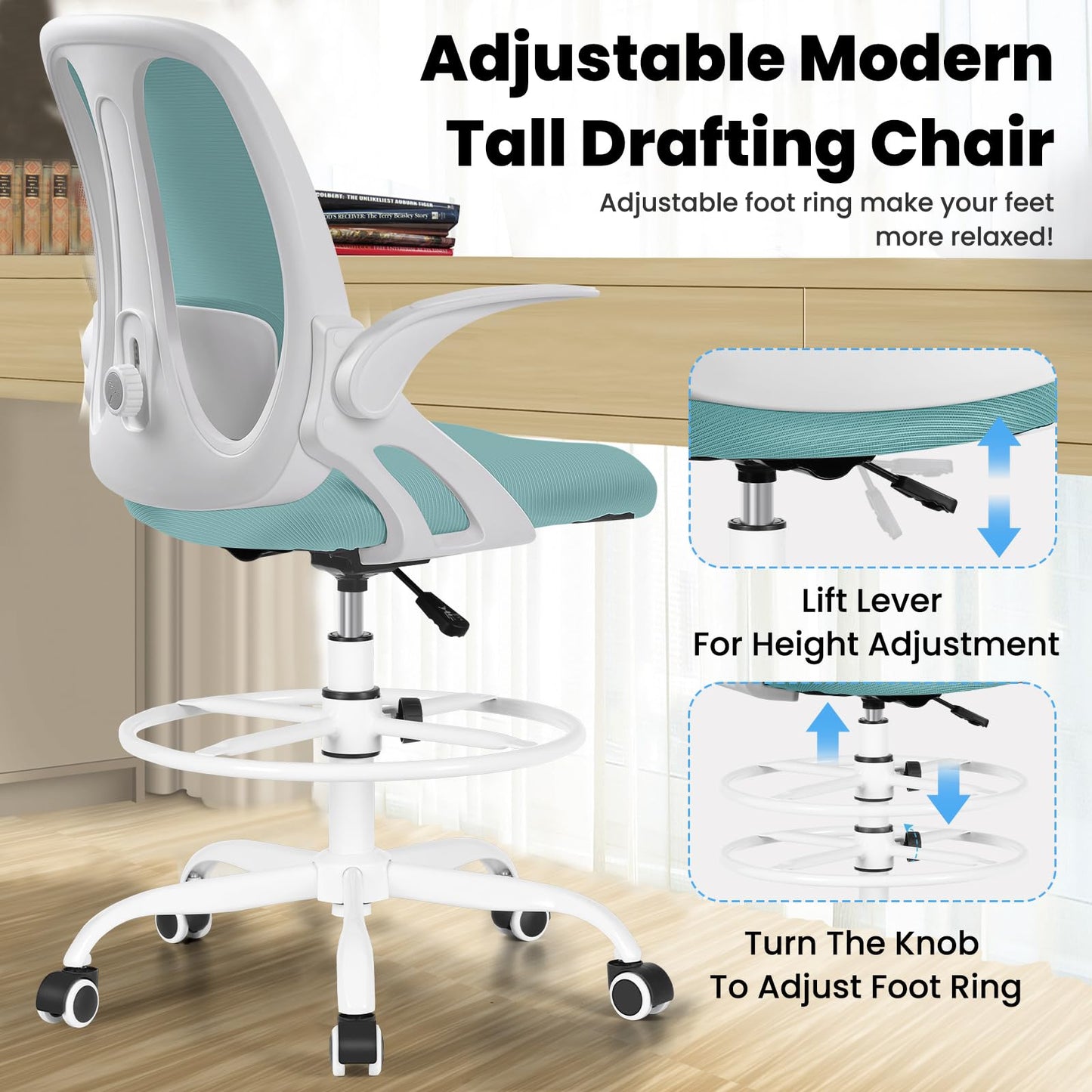 Razzor Drafting Chair Tall Ergonomic Office Chair with Adjustable Lumbar Support, Stand Stool High Office Desk with Footrest Ring, Executive Computer Chair with Flip Up Armrests - MintGreen