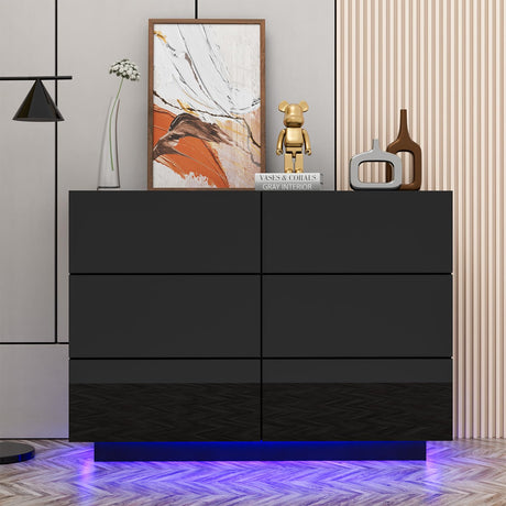 Anbuy LED Black 6 Drawer Double Dresser with Light, Modern Dresser with High Gloss Drawers Dual Chest of Drawers Black Dresser for Bedroom with Lights (Black) Anbuy