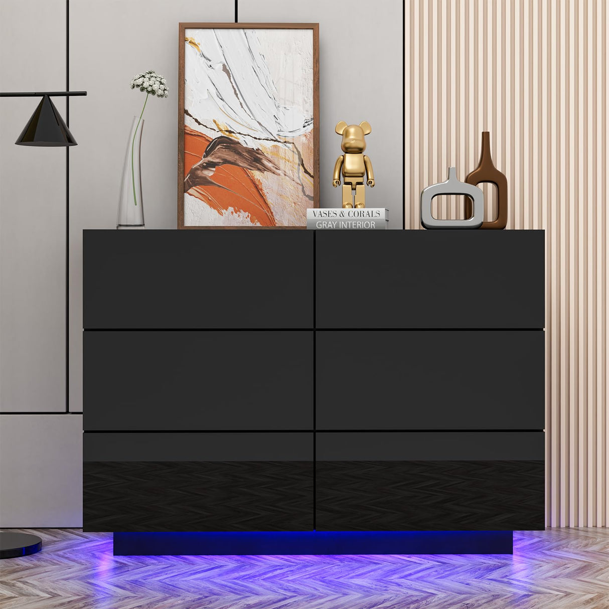 Anbuy LED Black 6 Drawer Double Dresser with Light, Modern Dresser for Bedroom with High Gloss Drawers Dual Chest of Drawers (Black) Anbuy
