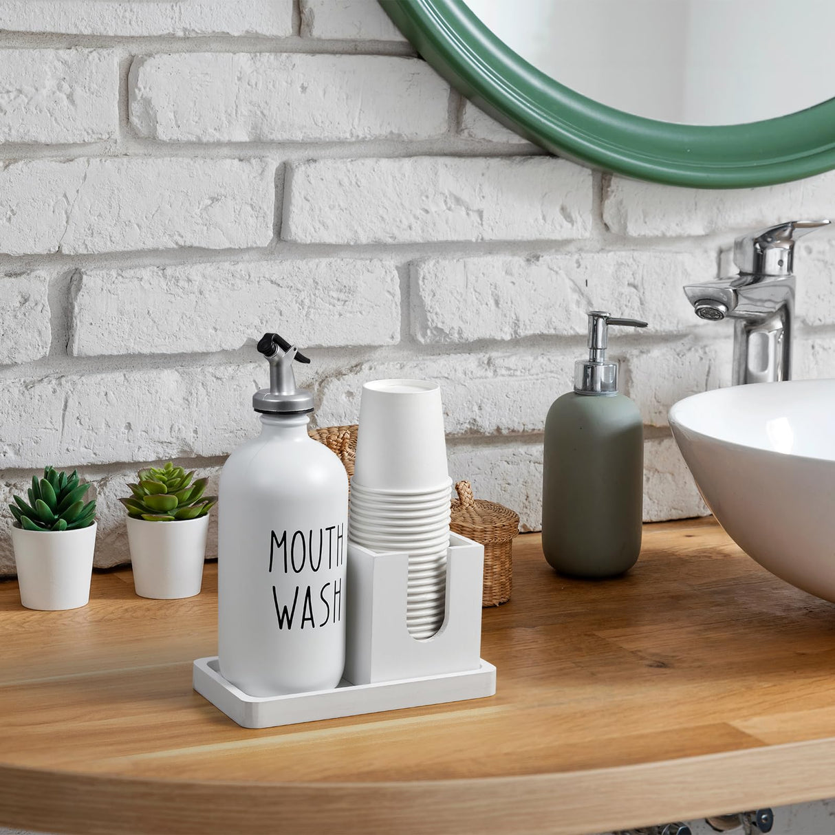 Mouthwash Dispenser for Bathroom, 16 OZ Glass Mouthwash Dispenser with Pour Spout and Wood Cup Holder and Tray, Mouth Wash Bottle Container, Farmhouse Kitchen Bathroom Decor and Accessories, White Bivvclaz