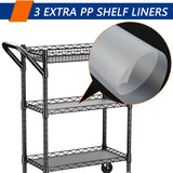3 Tier Heavy Duty Rolling Utility Cart,18" D x 23.8" W x 36.6" H Rolling Carts with Wheels,Commercial Grade Metal Cart with Handle Bar & Shelf Liner,Trolley Serving Storage Cart for Kitchen Black REGILLER