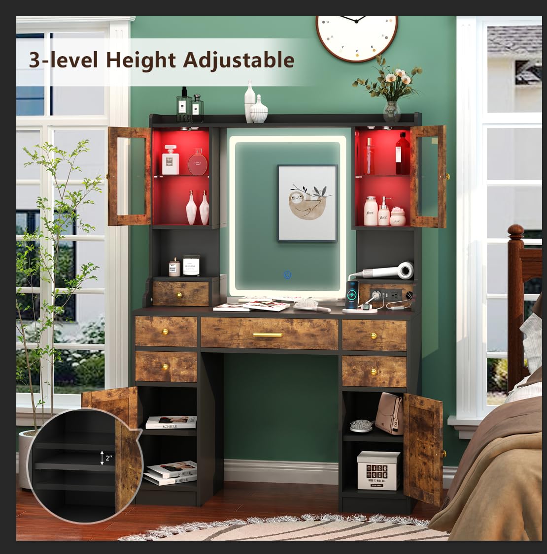 Vanity Desk with Mirror and Power Outlet, 41.3'' Large Make up Vanity Table with 6 Storage Drawers & RGB Cabinets, Dressing Table with 3 LED Lighting Modes Adjustable, for Girls, Women, Rustic Brown Aiguazi