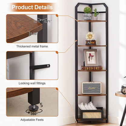 MNEETRUNG 5-Tier Industrial Corner Shelf - Freestanding Brown Bookshelf for Space-Saving Storage and Display - WoodArtSupply