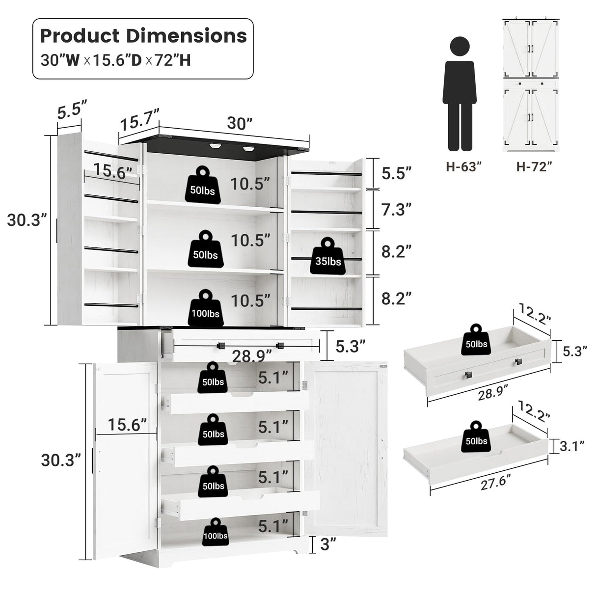 ELYKEN 72" Tall Pantry Cabinet for Kitchen, White Kitchen Storage Cabinet with Slide Out Rack & 8 Door Organizer, Farmhouse Wood Tall Freestanding Cupboard for Dining Room Living Room ELYKEN
