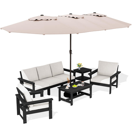SERWALL HDPE Patio Furniture Set with 15FT Double Side Patio Umbrella, 7-Piece Outdoor Modular Sectional Sofa Set, All Weather Patio Couch Set for Deck, Black & Beige（Umbreall Base not Included） SERWALL