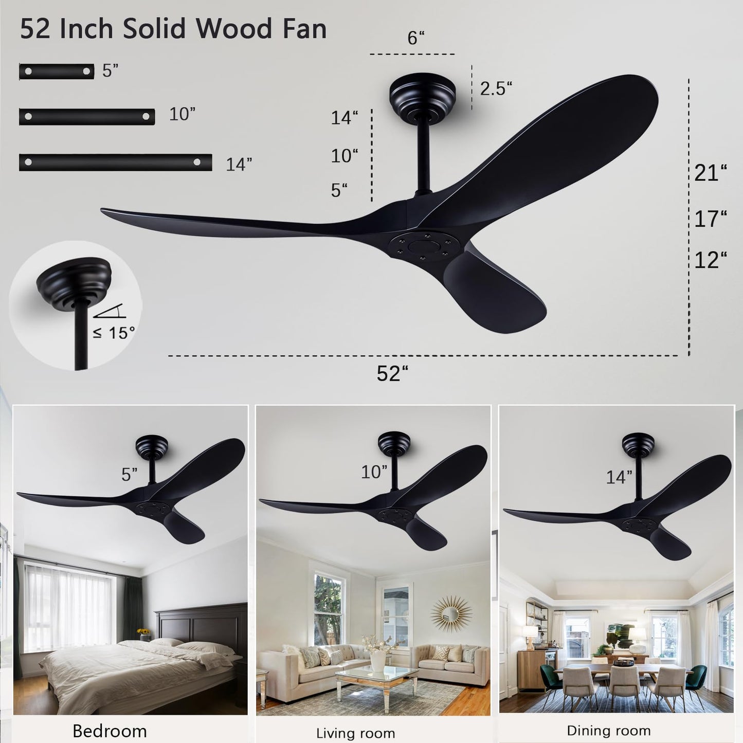 52" Ceiling Fan with Remote Control without Light, Modern Reversible DC Motor Indoor Outdoor 3 Blade Ceiling Fan for Patio, Bedroom and Farmhouse (Black)