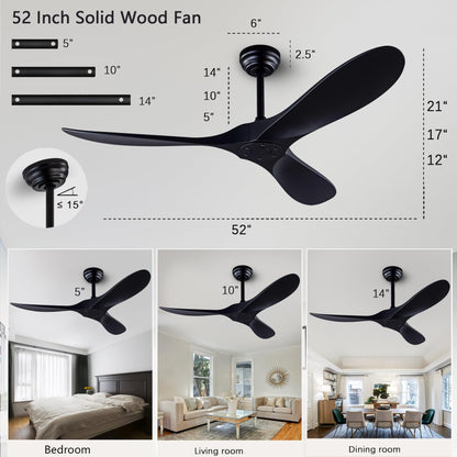 52" Ceiling Fan with Remote Control without Light, Modern Reversible DC Motor Indoor Outdoor 3 Blade Ceiling Fan for Patio, Bedroom and Farmhouse (Black)