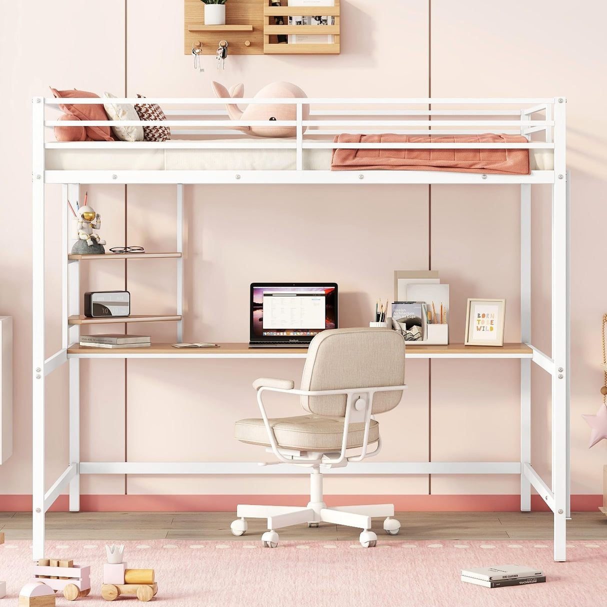 Harper & Bright Designs Metal Full Size Loft Bed Frame, Loft Bed Full with Desk and Shelves, Space Saving Metal Loft Bed with Desk Underneath for Kids,Teens (Full,White) Harper & Bright Designs