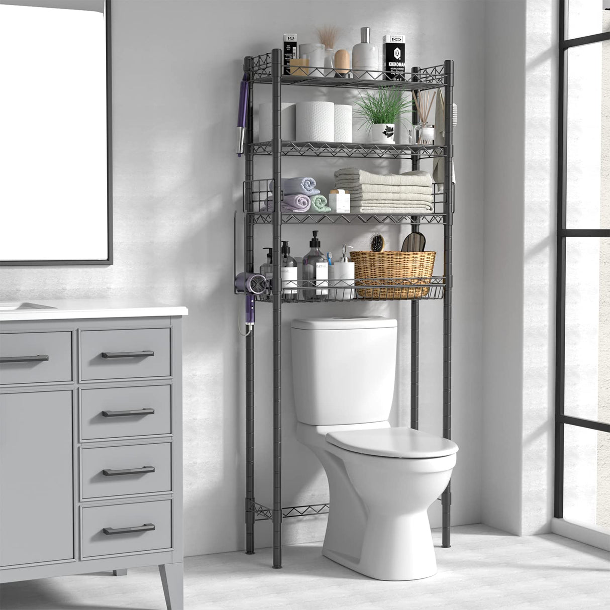 Hodonas 4-Tier Toilet Shelf Storage, Bathroom Organizer Shelves Over Toilet Storage, Above Toilet Tack Free Standing Bathroom Space Saver with Adjustable Basket and Shelves, Gray Hodonas