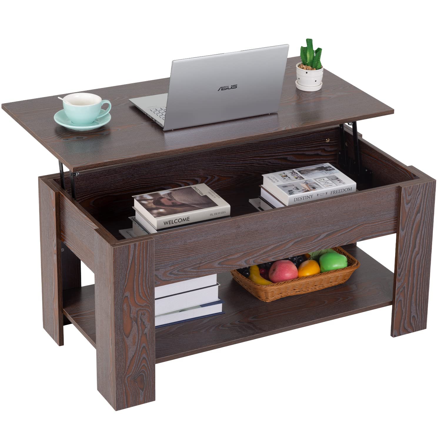 FDW Lift Top Coffee Table with Hidden Compartment and Storage Shelf Wooden Lift Tabletop for Home Living Room Reception Room Office (Espresso) - WoodArtSupply