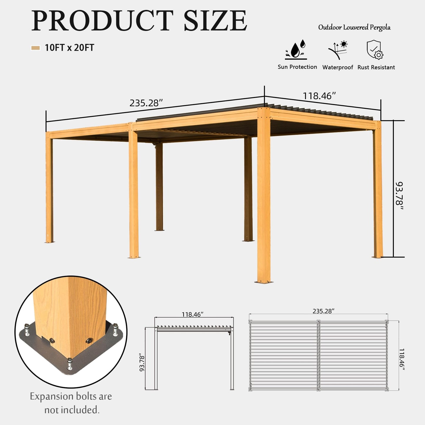 Domi Louvered Pergola 10x20FT, Outdoor Wood Grain Pergola Aluminum Frame with Adjustable Rainproof Metal Roof, Permanent Sun Shade with Drainage